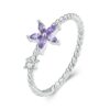 Sterling Silver S925 Geometric Zirconia Purple Flower White Gold Plated Ring
