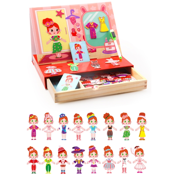 Drawer Type Double-sided Drawing Board Puzzle Magnetic Cartoon Dress Up Wooden Toys