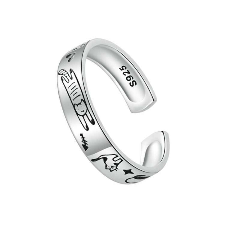 Engraved Cat Graffiti Sterling Silver Ring Jewelry