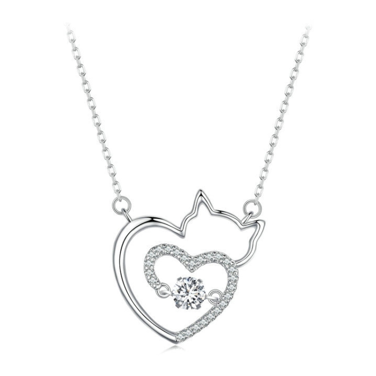 Sterling Silver S925 Zircon Cute Cat Necklace Jewelry