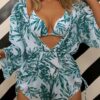 Leaf-print Waist Lace-up Three-Piece Bikini Set Long-sleeved Beach Sun Protection Swimsuit