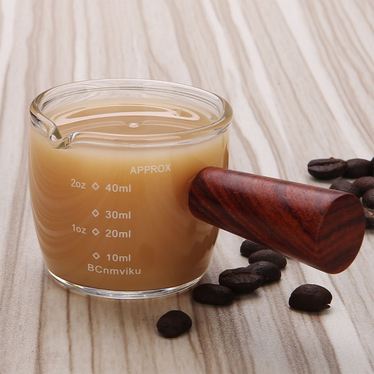 V-shaped Mouth Wooden Handle Household Glass Coffee Cup with Scale
