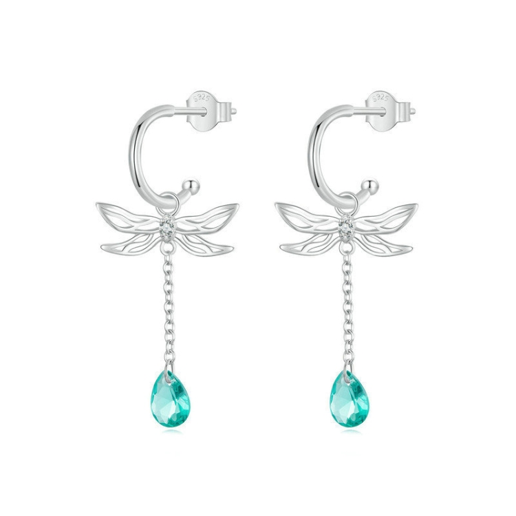 S925 Sterling Silver Platinum Plated Zircon Dragonfly Tassel Stud Earrings