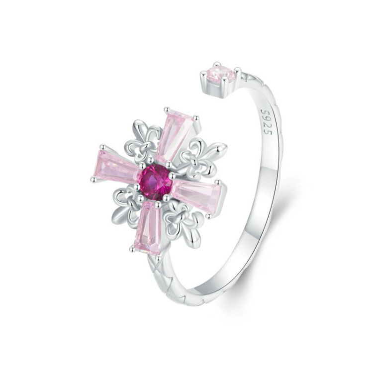 S925 Sterling Silver Platinum-plated Pink Iris Cross Open Ring
