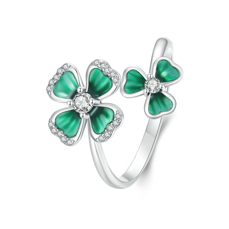 S925 Sterling Silver Platinum Plated Lucky Four-leaf Clover Open Adjustable Ring