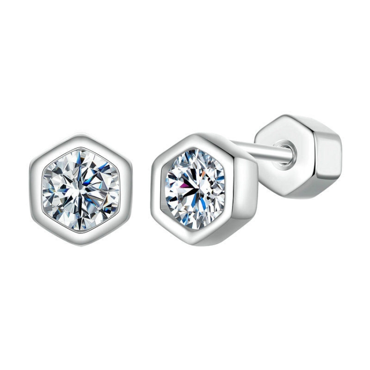 S925 Sterling Silver Plated With Platinum Shining Moissanite Hexagonal Earrings