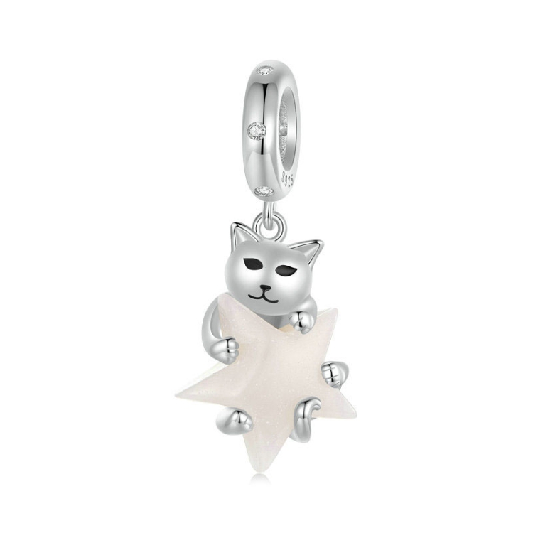 S925 Sterling Silver Platinum Plated Cute Cat Star Luminous Pendant