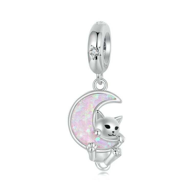 S925 Sterling Silver Plated Platinum Fantasy Moon Cute Cat Pendant