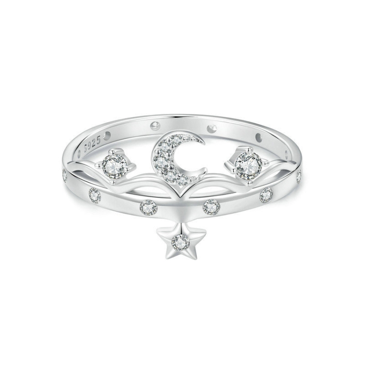 SCR1046 S925 Sterling Silver Platinum-plated Romantic Star and Moon Ring