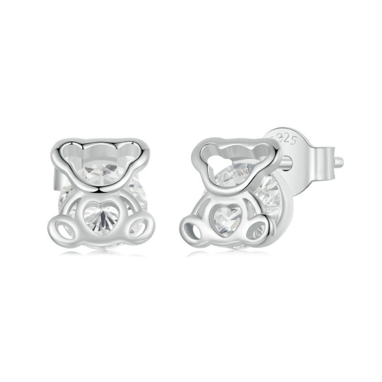 S925 Sterling Silver Platinum-plated Cute Bear Zircon Earrings