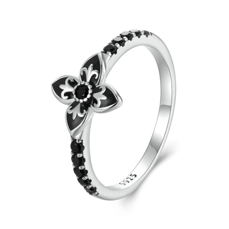 SCR1075 S925 Sterling Silver Oxidized Retro Elegant Black and White Flower Ring
