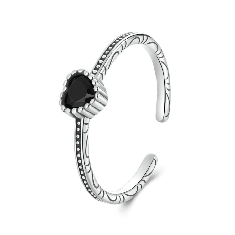 S925 Sterling Silver Oxidized Heart Of The Night Open Ring Adjustable Heart-shaped Ring