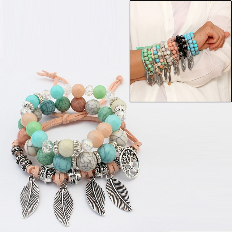 Vintage Ethnic Elasticity Marble Beads Bracelet Boho Leaves Bangle Bracelet