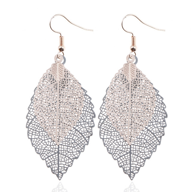 Double-layered Leaves Tassel Earrings Simple Retro Metal Leaf-ears Ornaments