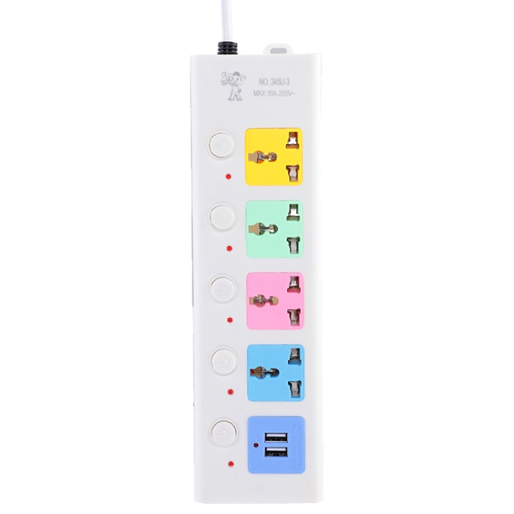 Multifunctional 4-Position Power Socket with 2 USB Ports, Cable Length: 2m
