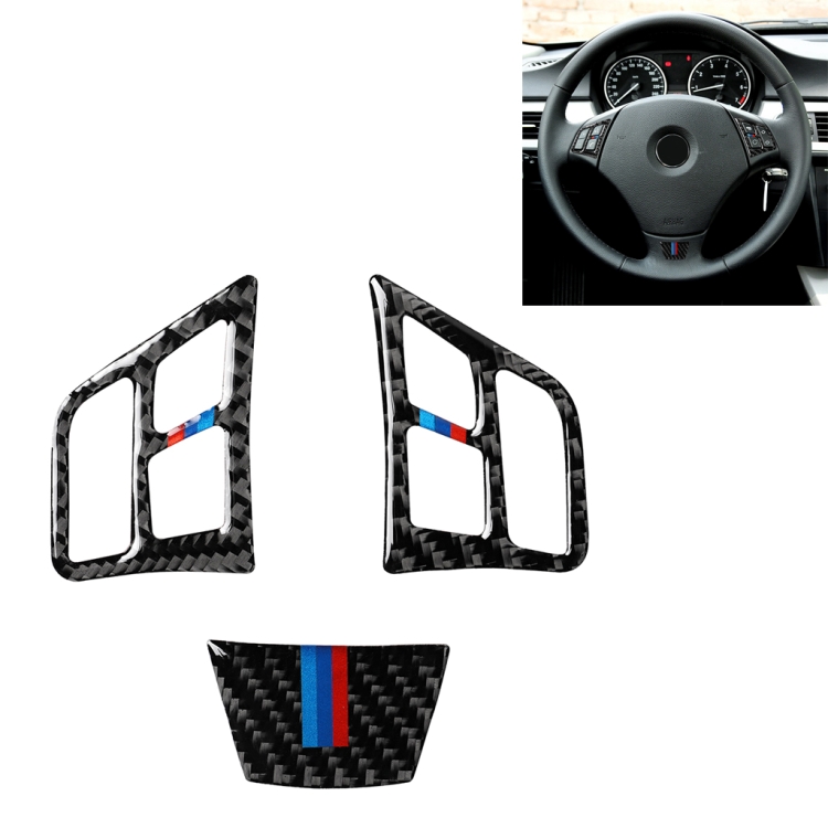 3 in 1 Car Carbon Fiber Tricolor Steering Wheel Button Decorative Sticker for BMW 3 Series E90 2005-2012, Left and Right Drive Universal