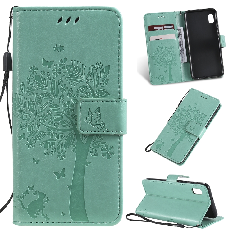 Tree & Cat Pattern Pressed Printing Horizontal Flip PU Leather Case with Holder & Card Slots & Wallet & Lanyard