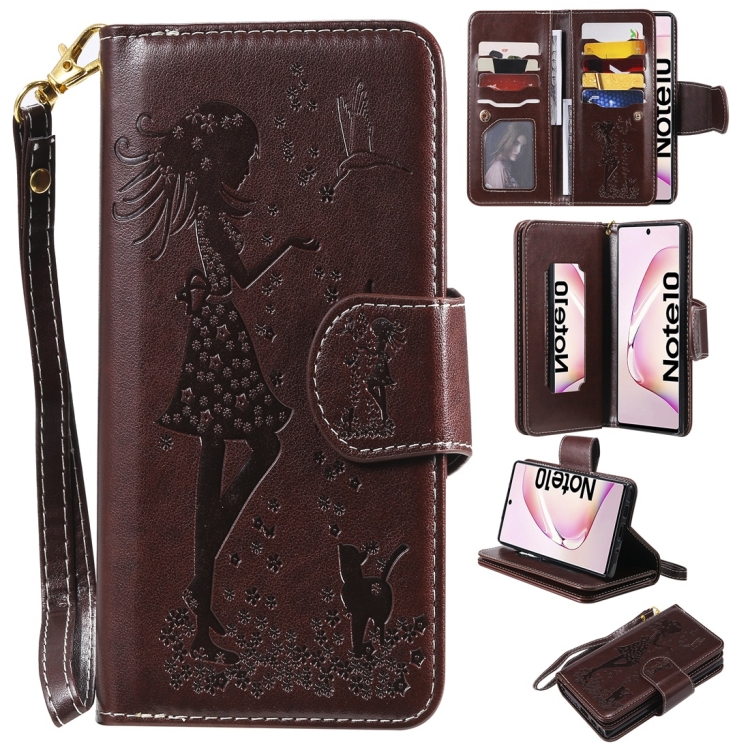 Woman and Cat Embossed Horizontal Flip Leather Case, with Wallet & Holder & Card Slots & Photo Frame & Mirror & Lanyard