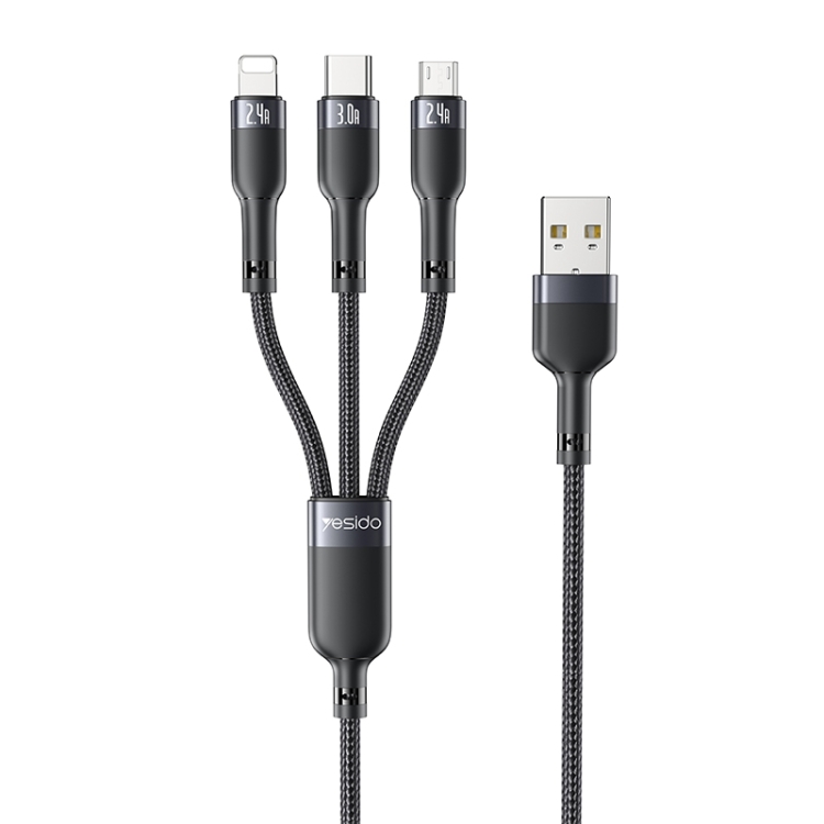 Yesido CA91 3A 3 in 1 USB to 8 Pin+USB-C/Type-C+Micro USB Aluminum Alloy Data Cable, Length: 1m