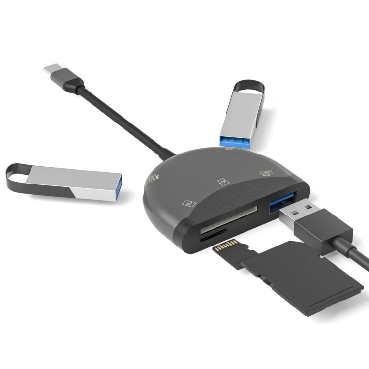 NK-3039 5 in 1 USB-C / Type-C Male to TF / SD Card Slot + 3 USB Female Adapter