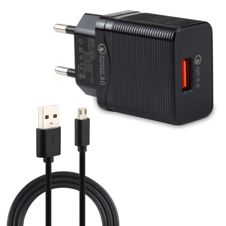 LZ-728 2 in 1 18W QC 3.0 USB Interface Travel Charger + USB to Micro USB Data Cable Set, EU Plug, Cable Length: 1m