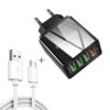 2 in 1 1m USB to Micro USB Data Cable + 30W QC 3.0 4 USB Interfaces Mobile Phone Tablet PC Universal Quick Charger Travel Charger Set, EU Plug