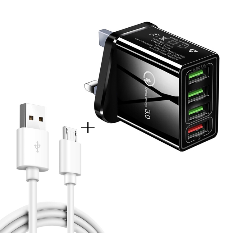 2 in 1 1m USB to Micro USB Data Cable + 30W QC 3.0 4 USB Interfaces Mobile Phone Tablet PC Universal Quick Charger Travel Charger Set, UK Plug
