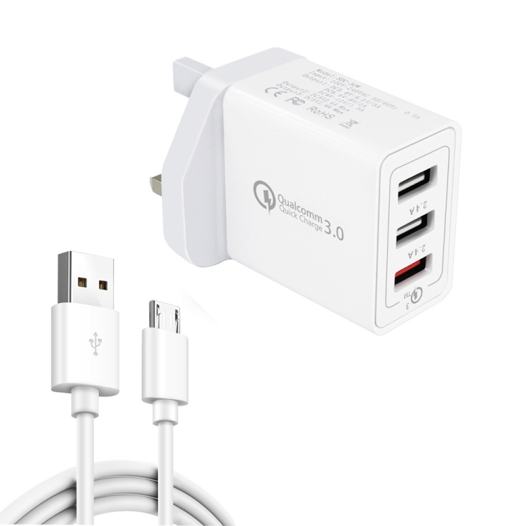 SDC-30W 2 in 1 USB to Micro USB Data Cable + 30W QC 3.0 USB + 2.4A Dual USB 2.0 Ports Mobile Phone Tablet PC Universal Quick Charger Travel Charger Set, UK Plug
