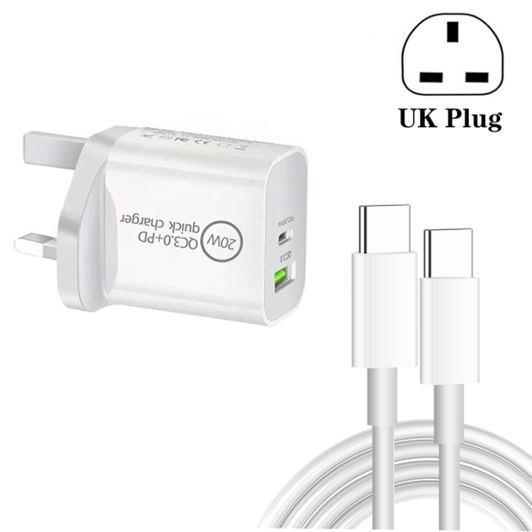 SDC-20WA+C 20W PD 3.0 + QC 3.0 USB Dual Port Fast Charging Universal Travel Charger with Type-C / USB-C to Type-C / USB-C Fast Charging Data Cable, UK Plug