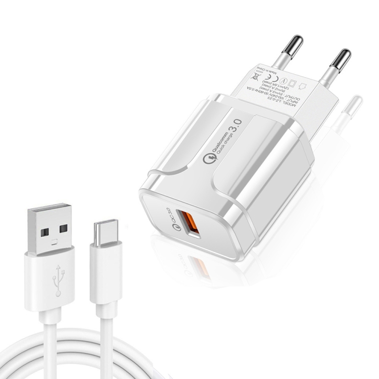 LZ-023 18W QC 3.0 USB Portable Travel Charger + 3A USB to Type-C Data Cable, EU Plug