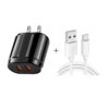 Dual USB Portable Travel Charger + 1 Meter USB to Type-C Data Cable, US Plug