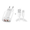 Dual USB Portable Travel Charger + 1 Meter USB to Type-C Data Cable, EU Plug