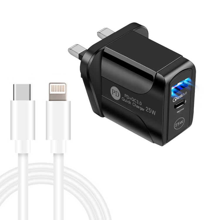 PD25W USB-C / Type-C + QC3.0 USB Dual Ports Fast Charger with USB-C to 8 Pin Data Cable, UK Plug