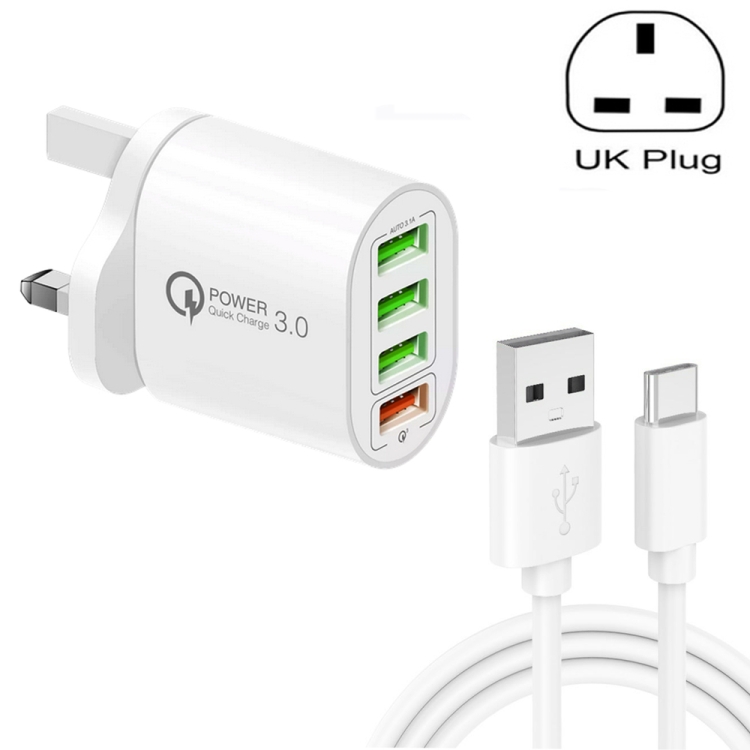 QC-04 QC3.0 + 3 x USB2.0 Multi-ports Charger with 3A USB to Type-C Data Cable, UK Plug