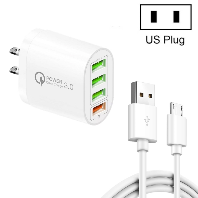QC-04 QC3.0 + 3 x USB2.0 Multi-ports Charger with 3A USB to Micro USB Data Cable, US Plug