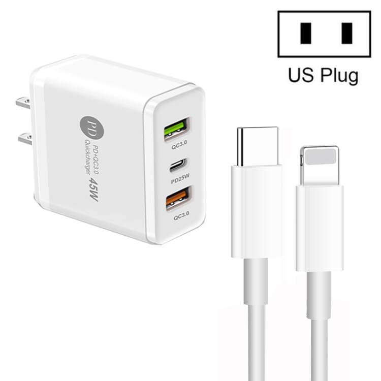 45W PD3.0 + 2 x QC3.0 USB Multi Port Charger with Type-C to 8 Pin Cable, US Plug