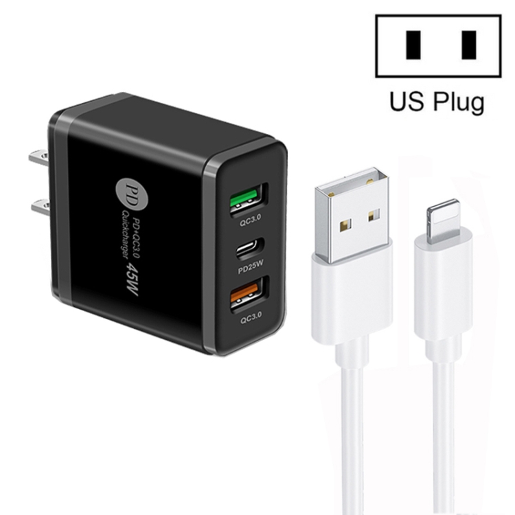 45W PD25W + 2 x QC3.0 USB Multi Port Charger with USB to 8 Pin Cable, US Plug