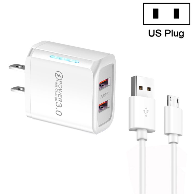 36W Dual Port QC3.0 USB Charger with 3A USB to Micro USB Data Cable, US Plug