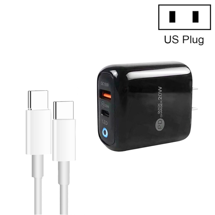 PD04 Type-C + USB Mobile Phone Charger with Type-C to Type-C Cable, US Plug