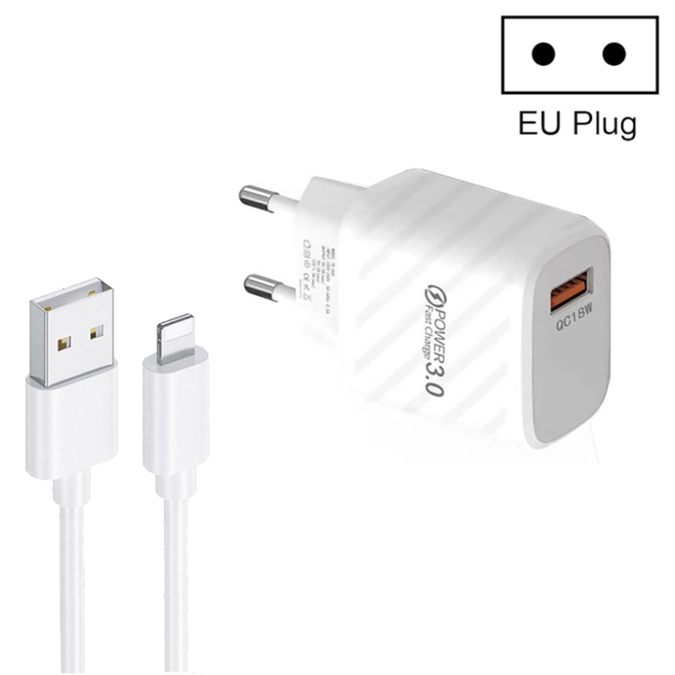 TE-005 QC3.0 18W USB Fast Charger with 1m 3A USB to 8 Pin Cable, EU Plug