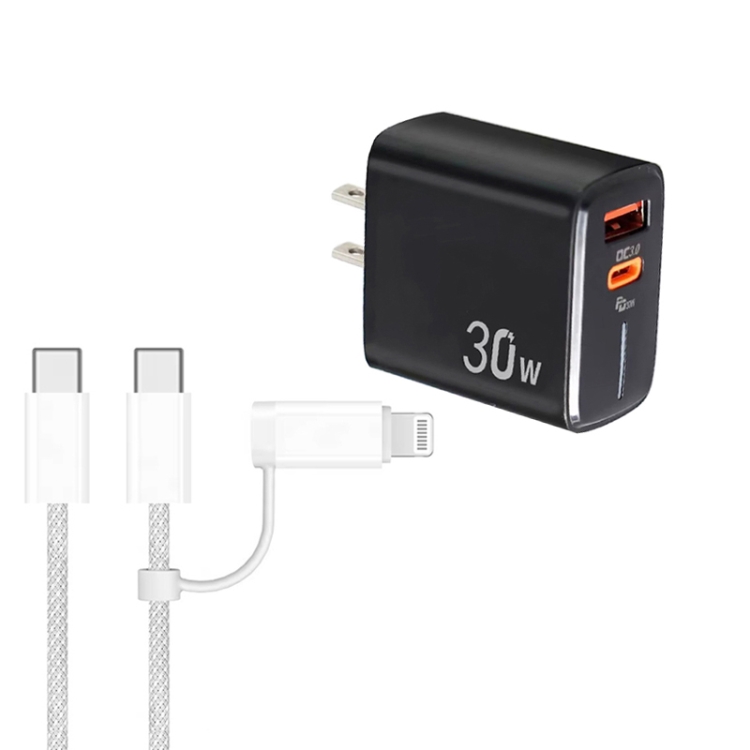 PD31 30W USB-C / Type-C + USB-A Charger with Type-C+8 Pin 2-in-1 Data Cable, US Plug