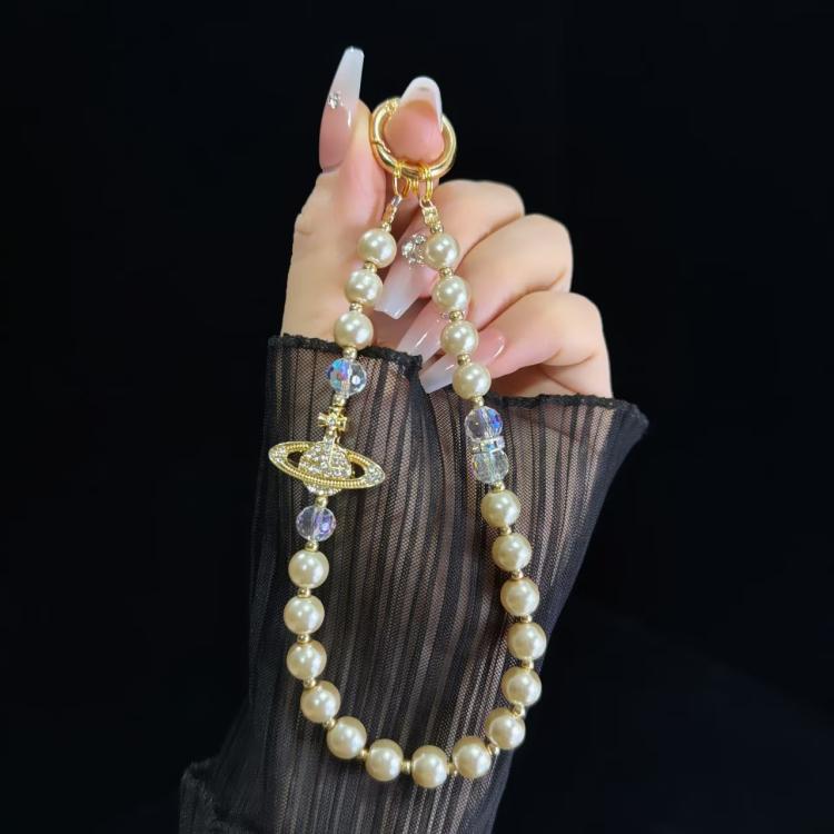 Alloy Saturn Crystal Pearl Phone Chain