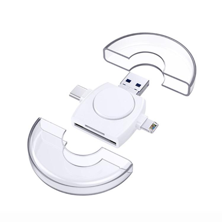 USB-A To USB-C / Type-C + Micro USB + 8 Pin 6-In-1 Round Multifunctional Card Reader