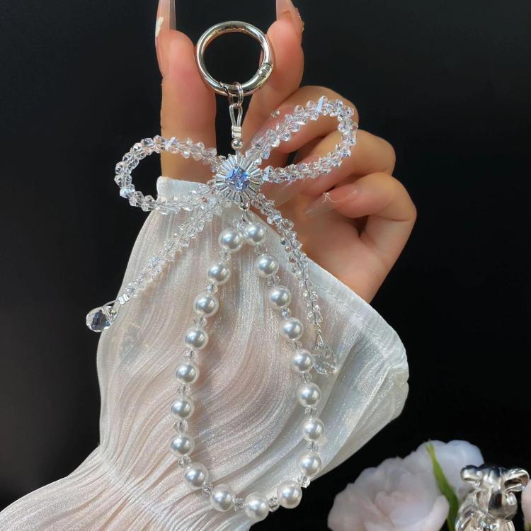 Crystal Ribbon Zirconia Pendant Cell Phone Lanyard Short Pearl Keychain
