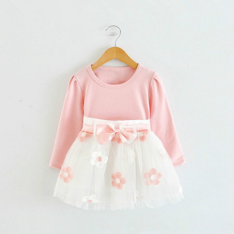 Autumn Girls Flower Bow-knot Long Sleeve Dress, 80cm, 90cm, 100cm, 110cm, 120cm
