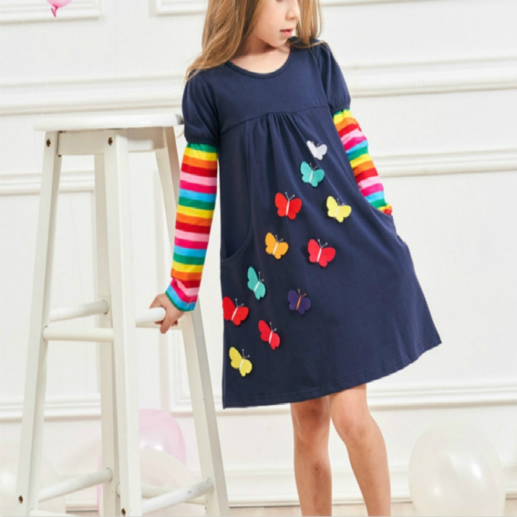Girls Rainbow Long Sleeve Butterfly Embroidered Pattern Cotton Princess Dress, 104cm, 110cm, 116cm, 122cm, 128cm