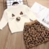 Girl Solid Color Sweater Mink Velvet + Leopard Skirt Two-piece, 90, 100, 110, 120, 130