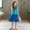Girls Skirt Contrast Stitching Lace Neckline Sleeveless Contrast Stitching Dress, 120, 130, 140, 150, 160, 165