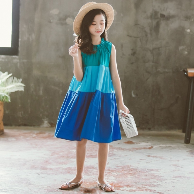 Girls Skirt Contrast Stitching Lace Neckline Sleeveless Contrast Stitching Dress, 120, 130, 140, 150, 160, 165