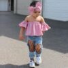 Girls Three-piece Pink Blouse Ripped Jeans Suit (Color:As Show Size:110cm), 80cm, 90cm, 100cm, 110cm, 120cm, 130cm